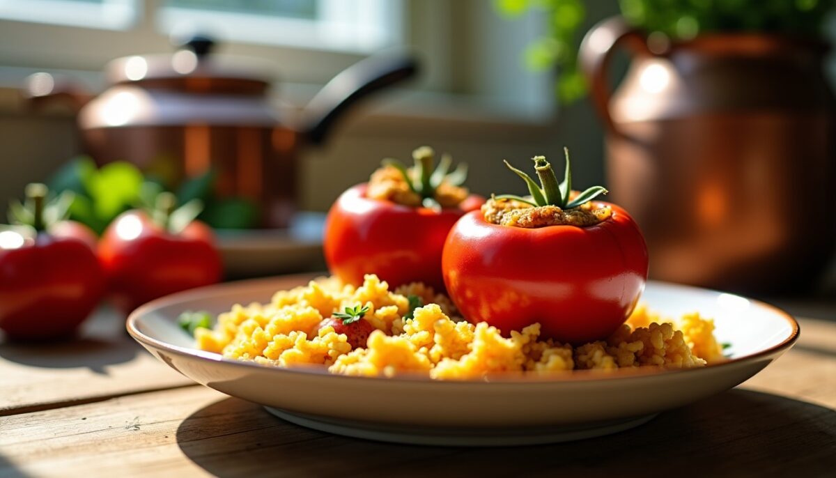 Tomates farcies gourmandes accompagnées de leur riz gratiné au four : une recette simple et pleine de saveurs