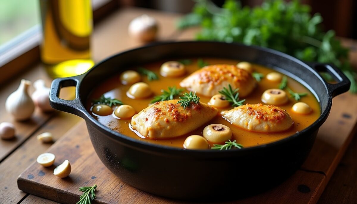Recette authentique et simple du poulet mijoté au vin jaune